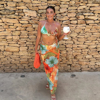 Weird Puss Beach Style Women 3Piece Set Swimsuit Colorful Print Bandage Bra+Briefs+Maxi Skirts Vacation Midnight Club Party Suit
