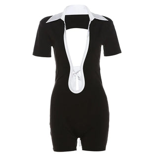 Whatiwear Contrast Backless Romper Women Low-Neck Bandage Short Sleeve Stretch Fitness Playsuit Street Skinny Hipster Overalls