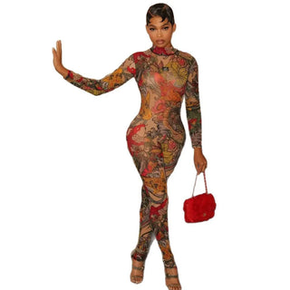 Weird Puss See Through Jumpsuit Women Backless Dragon Print Short Sleeve Fitness Activity Workout Overalls Slim Stretch Clubwear