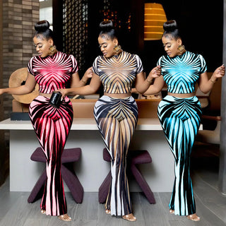 Stripe Printed See Through Sexy Women 2 Piece Set 2025 Summer Shorts Sleeve Crop Tops Flare Pants Matching Club Outfits