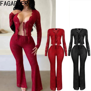 FAGADOER Sexy Lace Woman 2 Piece Set Outfit See Through Long Sleeve Lace Up Crop Top + Bodycon Pants Suits Female Streetwear New