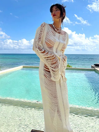 White Knitted Sexy Hollow Out Fringe Beach Maxi Dress 2024 Women Summer Backless Lace-up Beachwear Party Bikini Cover-ups A2414