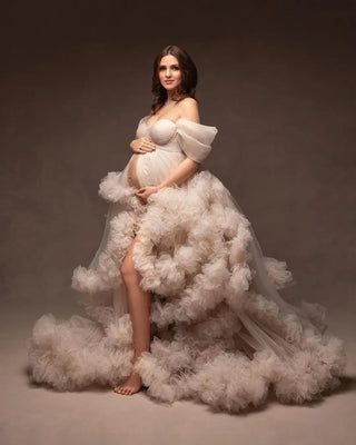 Luxury Maternity Dresses for Photoshoot Tulle Robe Off Shoulder Wedding Bridal Sleepwear Nightwear Front Split BabyShower Gown