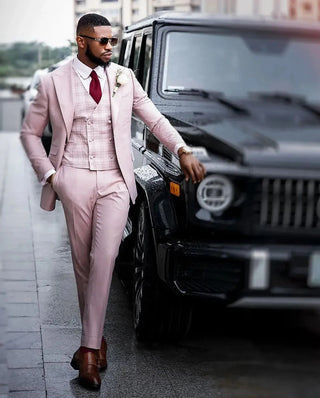 Pink Men's Suits Tailored 3 Pieces Blazer Vest Pants Peaked Lapel Single Breasted Plaid Wedding Groom Customized Plus Size