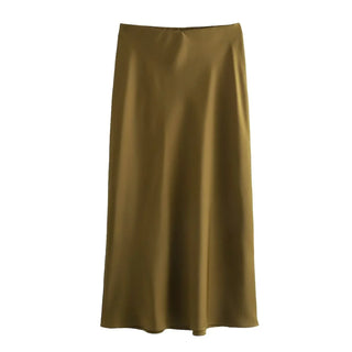 TRAFZA 2024 Y2K Casual Women Long Skirt Spring Elastic High Waisted A-Line Casual Female Satin Skirts High Street Lady Skirts