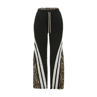 Weird Puss Side Stripe Women Flare Pants Autumn Hipster Leopard Patchwork Pocket Casual Wild Basic Street Sweatpants Trousers