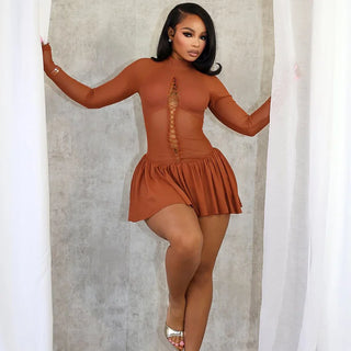 Weird Puss Shirring Women Dress Mesh Patchwork Pleated Full Sleeve Solid 2025 Spring Trend Stretch Midnight Party Club Bodycon