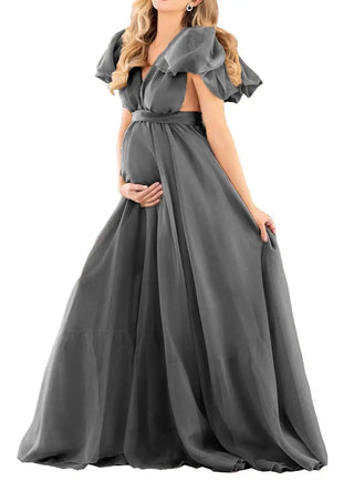 Maternity Chiffon V-Neck Dress Robe Sheer Puffy Gown for Pregnancy Baby Shower Photoshoot - Pregnancy Sheer Gown