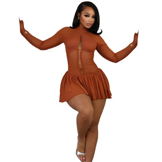 Weird Puss Shirring Women Dress Mesh Patchwork Pleated Full Sleeve Solid 2025 Spring Trend Stretch Midnight Party Club Bodycon