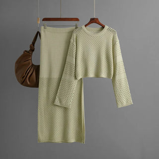 Women's clothing 2025 new summer long sleeved hollow knitted sweater long skirt fashion two-piece dress set skirt sets