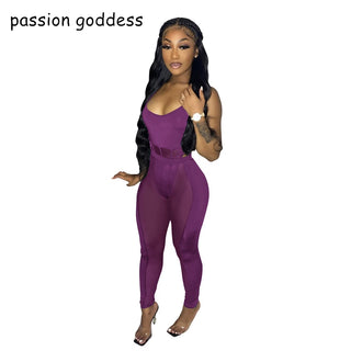 Spaghetti Strap Bodycon Sexy Two Piece Set Women Summer 2022 See Through Mesh Patchwork Club Party Outfits Pants and Top Suits