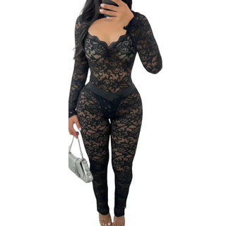 FAGADOER Sexy Lace 2 Piece Set Women Hollow Out See Through Crop Tops And Leggings Pants Female Night Club Outfit Streetwear New