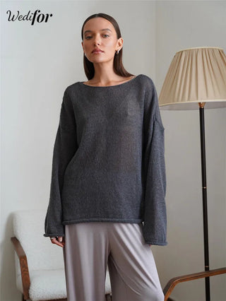 Wedifor Long Sleeve O Neck Knitted Shirt New Fashion Sexy See Through Loose Casual Smock Tops 2024 Autumn Solid Women Clothes