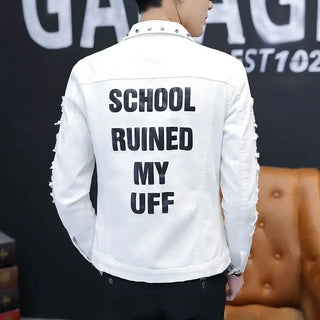 Men's Denim Jacket Short Rivet Casual Slim White Male Jean Coats Korea Lxury Washed in Lowest Price Size L of Fabric Rock Joker