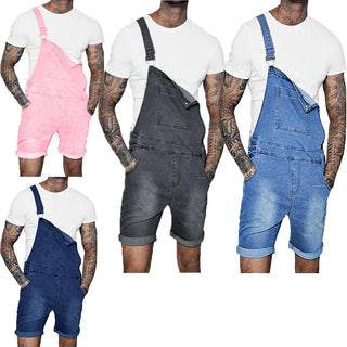 Men's Vintage Denim Summer Shorts Jeans Straight Denim Jumpsuit Fashion Suspenders Hip-hop Overalls Pants Solid Casual Pants
