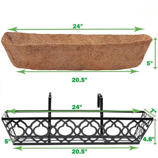 4pcs 24 Inch Window Deck with Coconut Coir Liner, 24" Railing Planter Horse Trough Coco Basket Boxes Metal Hanging Flower