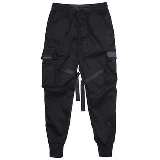 Men Tactical Joggers Pants Multi-pocket Elastic Waist Harem Pants Men Hip Hop Streetwear Ribbons Design Functional Cargo Trouser
