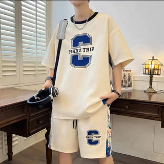 New S-6XL Summer Men's Tracksuit Set Korean Casual Sports Suit Breathable T-shirts Shorts 2 Piece Set High Street Men's Clothing