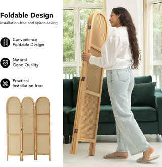 Room Dividers and Folding Privacy Screens, Pine Wood 5.6 Ft Double Hinged Rattan Partition Freestanding Wall Room Divider for Ho