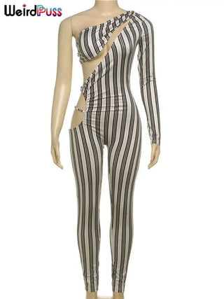Weird Puss Sexy Hollow Jumpsuit Women Ruched Irregular Hipster Club Stripe Print Full Sleeve Midnight Activity Workout Overalls
