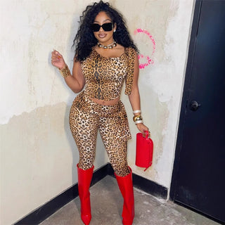 Weird Puss Summer 2 Piece Set Women Leopard Print Inclined Shoulder Tank Tops+Shorts Stretch Tight Matching Streetwear Outfits