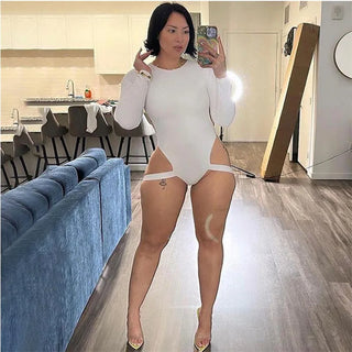 Weird Puss Hollow Backless Bodysuit Woman Summer Sexy Hottie Long-Sleeve Solid O-Neck Bandage Chic Bodyshape Skinny Clubwear Top