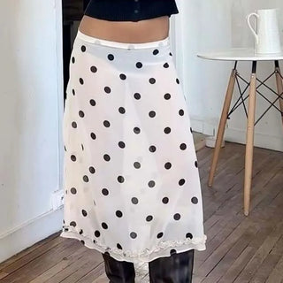 90s Vintage Polka Dot Midi Skirts Y2k Coquette Low Waist See Through A-line Skirt Women Ladies Beach Vacation Frill Trim Skirts