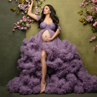 Luxury Maternity Dresses for Photoshoot Tulle Robe Off Shoulder Wedding Bridal Sleepwear Nightwear Front Split BabyShower Gown