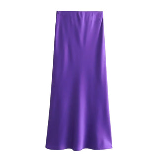 TRAFZA 2024 Y2K Casual Women Long Skirt Spring Elastic High Waisted A-Line Casual Female Satin Skirts High Street Lady Skirts