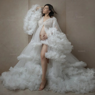 Maternity Prom Dress Bridal Robe Fluffy Tulle Dress for PhotoShoot Ruffled Babyshower Gowns Pregnant Women Photography Sleepwear
