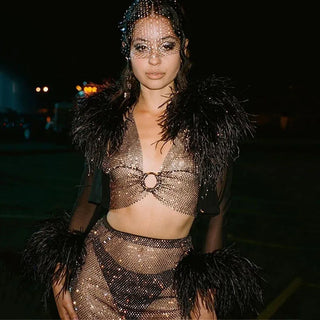 Sparkly Diamond Fancy Party Club Outfits For Women Sexy Crop Top Fishnet Rhinestone See Through Skirt Y2K Festival Rave Clothing