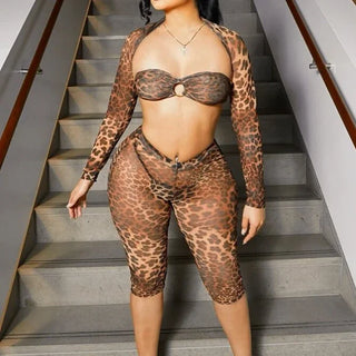 FAGADOER Leopard Print Sexy 3 piece sets women outfit Night Club streetwear Mesh see through Crop Tops + Bra + shorts suits new