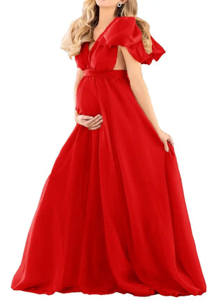 Maternity Chiffon V-Neck Dress Robe Sheer Puffy Gown for Pregnancy Baby Shower Photoshoot - Pregnancy Sheer Gown