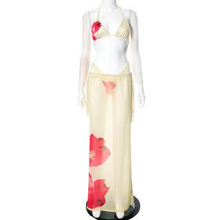 Leosoxs Beach Style Women 3Piece Set Mini Lace-Up Bra+Frenulum Swimming Trunks+See Through long Skirts clubwear Vacation Suit