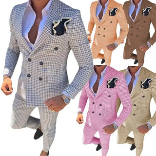 Men's Plaid Suits 2 Pieces Blazer and Pants Set Casual Tuxedo Set Double Breasted Peak Lapel Wedding Dresses Prom Evening Party