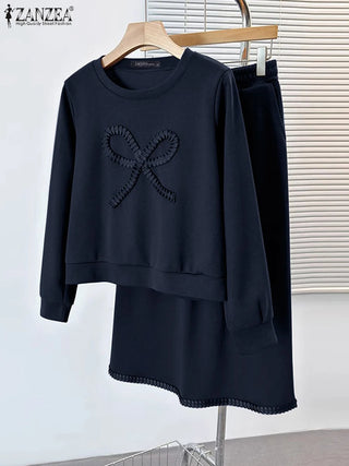ZANZEA 2025 New Chic Sets Autumn Sports 2 Piece Dress Sets Holiday Women Bowtie Pullover Skirt Suit Casual Loose Korean Outfits