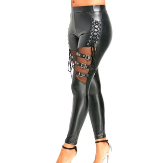 New Woman Mesh Buckle Pants Hollow Out Bandage Sexy Punk Rock Leather Club Slim Streetwear Weird Puss Faux PU Trousers