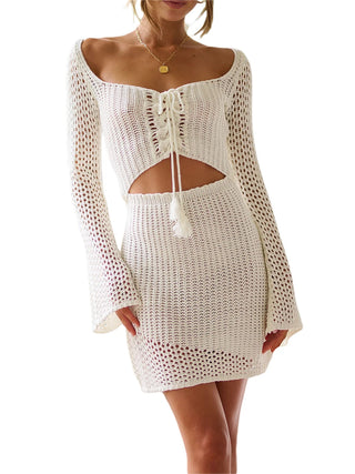 Women Crochet Knitted Bodycon Dress Hollow Out See Through Mini Dress Sexy Backless Beachwear Cover Up
