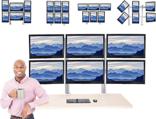 6 Monitor Mount Desk Setup - Heavy-Duty Height Adjustable Monitor Stand, Swivel Arm with Clamp-On Base, 6 Screen VESA Mount