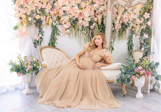 Maternity Chiffon V-Neck Dress Robe Sheer Puffy Gown for Pregnancy Baby Shower Photoshoot - Pregnancy Sheer Gown
