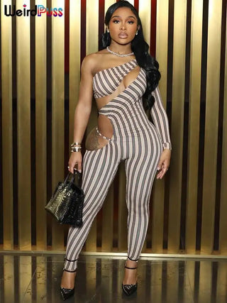 Weird Puss Sexy Hollow Jumpsuit Women Ruched Irregular Hipster Club Stripe Print Full Sleeve Midnight Activity Workout Overalls