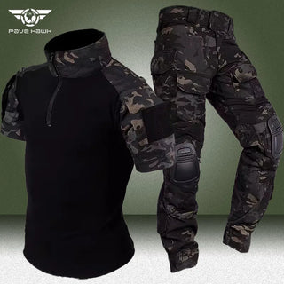 Summer Tactical Sets Men Breathable Short Sleeve Tshirts+Outdoor Multi-pocket Cargo Pants 2 Pcs Suits Black Camo Training Set