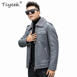 Tcyeek Real Sheepskin Fur CoatsMotocycle Jacket Genuine Leather Man Jackets Natural Fur Coat Men Winter Clothes Куртка Мужская
