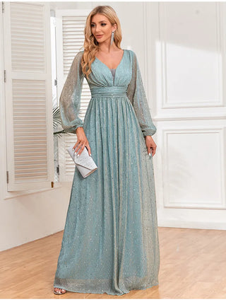 Elegant Women's Bright Sparkling Pleated Long Sleeve V-Neck Swing Skirt with Full Lining Elastic Waist A-Line Gown for Special O