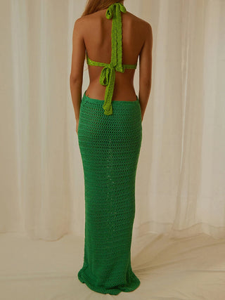 Yiiciovy Women Bikini Cover-Ups Knitted Hollow V-neck Halter Tie-up Dress Swimsuit Cover-Up Sexy Backless Crochet Beach Dresses