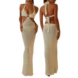 Yiiciovy Women Bikini Cover-Ups Knitted Hollow V-neck Halter Tie-up Dress Swimsuit Cover-Up Sexy Backless Crochet Beach Dresses