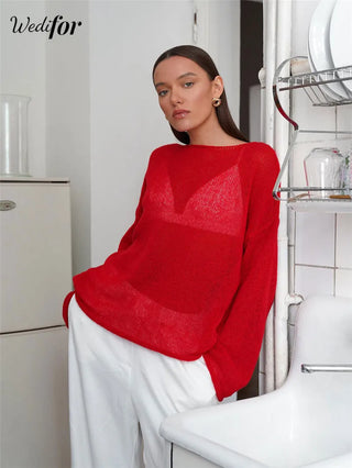 Wedifor Long Sleeve O Neck Knitted Shirt New Fashion Sexy See Through Loose Casual Smock Tops 2024 Autumn Solid Women Clothes