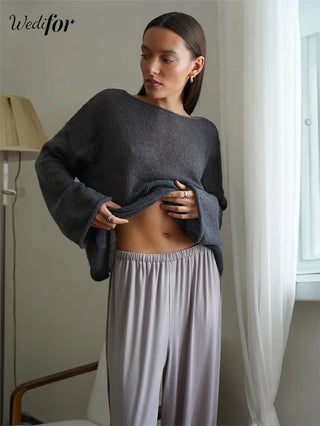 Wedifor Long Sleeve O Neck Knitted Shirt New Fashion Sexy See Through Loose Casual Smock Tops 2024 Autumn Solid Women Clothes