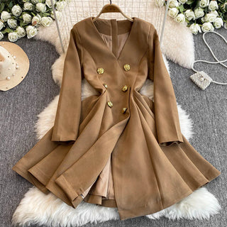 Formal Autumn Winter Double Breasted Long Sleeve Short Blazer Dress Women Suit Coats Office Lady A Line Pleated Quality Vestidos