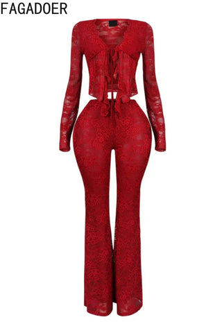 FAGADOER Sexy Lace Woman 2 Piece Set Outfit See Through Long Sleeve Lace Up Crop Top + Bodycon Pants Suits Female Streetwear New